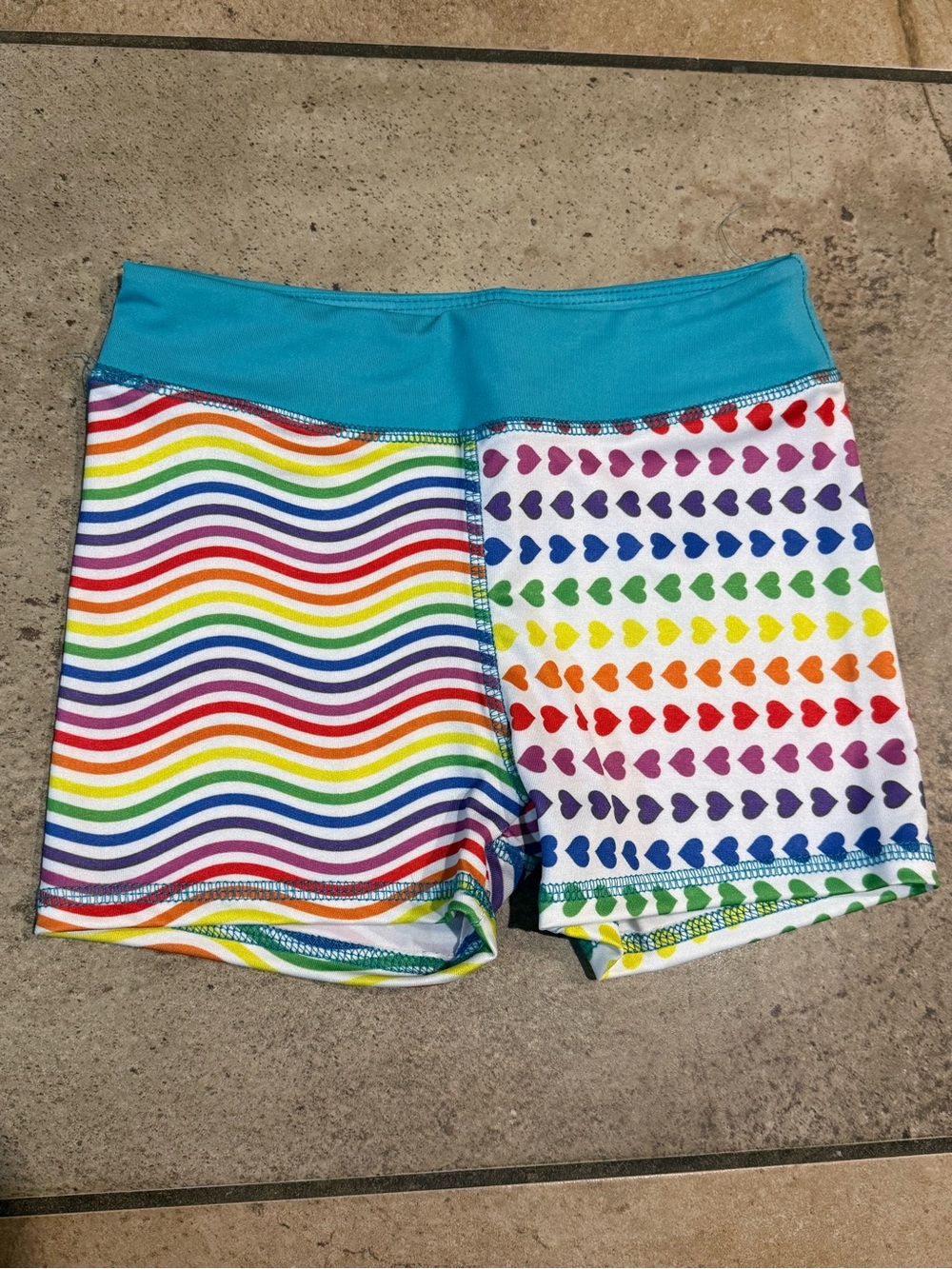 EUC Chooze Rainbow Heart & Wave Active Shorts with Teal Waistband